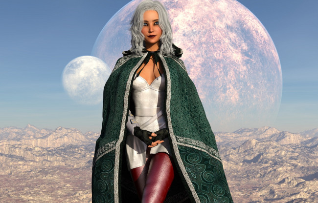 Обои картинки фото 3д графика, фантазия , fantasy, плащ, девушка, планета