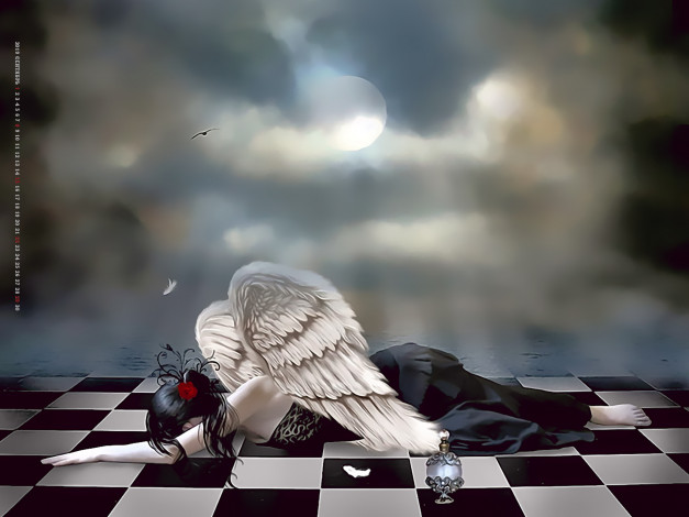 Обои картинки фото календари, фэнтези, 2019, calendar, доска, шахматная, крылья, девушка