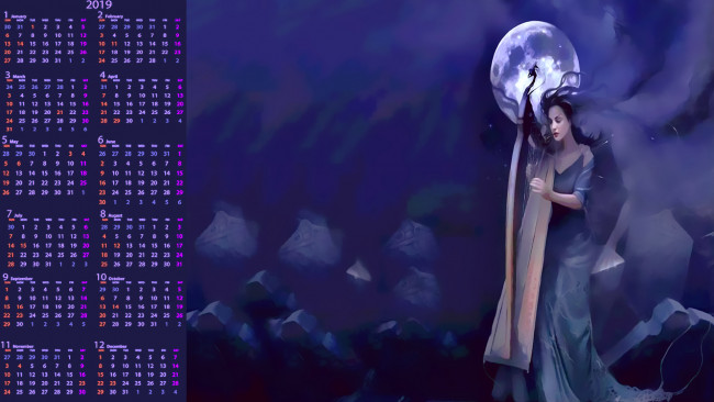 Обои картинки фото календари, фэнтези, луна, девушка, calendar, 2019