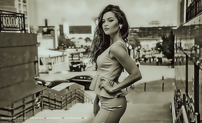 Обои картинки фото календари, компьютерный дизайн, calendar, женщина, взгляд, девушка, улица, 2019, профиль