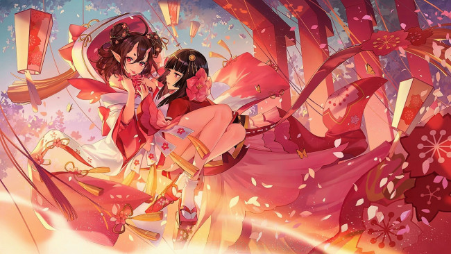 Обои картинки фото аниме, onmyouji, девочки, лепестки