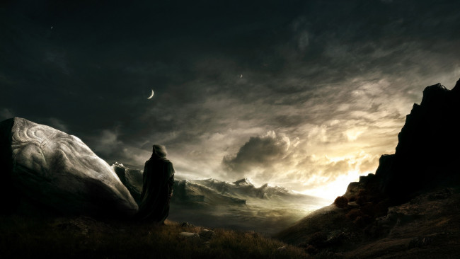Обои картинки фото фэнтези, люди, монах, горы, долина, месяц, тучи