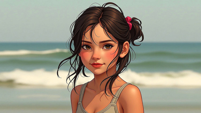 Обои картинки фото рисованное, дети, девочка, лицо, море
