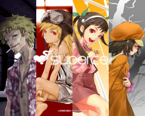 Картинка аниме bakemonogatari  девушка мужчина сигарета крест платье шлем бант шляпа пиджак hachikuji+mayoi oshino+meme sengoku+nadeko oshino+shinobu