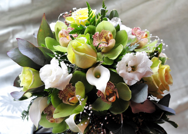 Обои картинки фото цветы, букеты, композиции, орхидеи, розы, калы, эустома