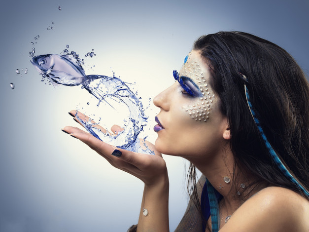 Обои картинки фото разное, компьютерный, дизайн, рыба, вода, лицо