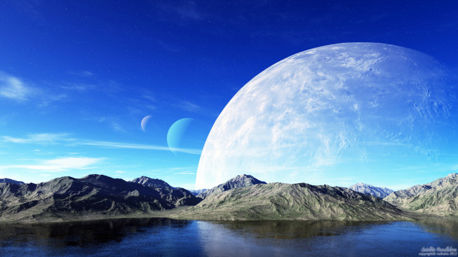 Обои картинки фото разное, компьютерный, дизайн, планеты, озеро, горы
