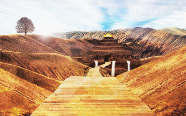 Обои картинки фото разное, компьютерный, дизайн, горы, пустыня, пирамида, дерево