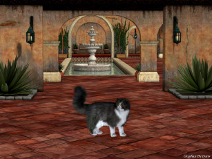 Картинка 3д графика animals животные растение кот комната