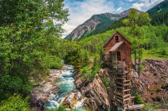 Картинка crystal mill colorado природа пейзажи river кристал колорадо водяная мельница река лес деревья горы