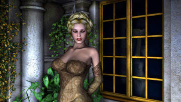 обоя 3д, графика, people, люди, девушка, взгляд, растения