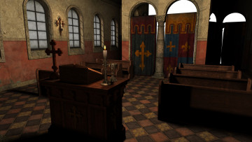 Картинка 3д графика religion религия колонны стол свечи