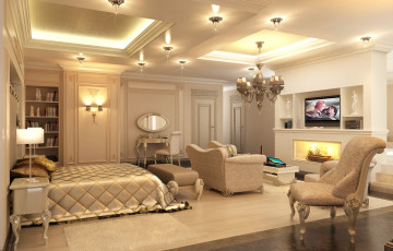 Картинка 3д графика realism реализм диван комната камин полки кровать светильники тумбочка зеркало