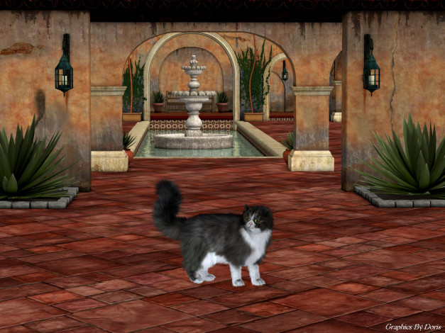 Обои картинки фото 3д, графика, animals, животные, растение, кот, комната