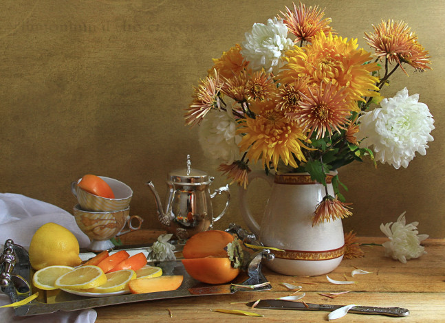 Обои картинки фото еда, натюрморт, хризантемы, фрукты