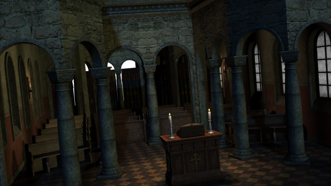 Обои картинки фото 3д, графика, religion, религия, стол, свечи, колонны