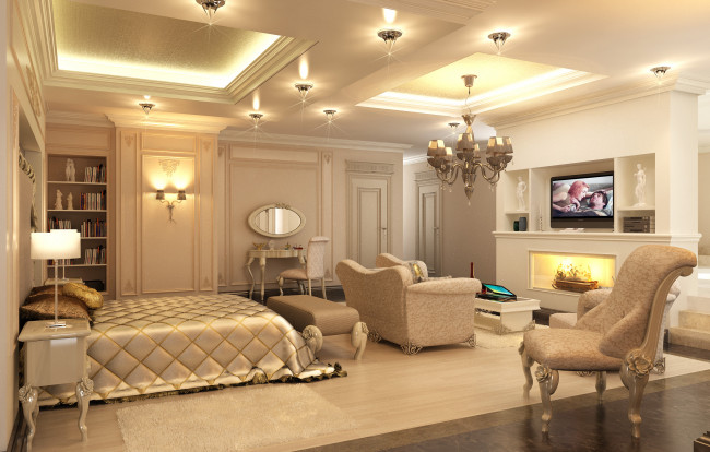 Обои картинки фото 3д, графика, realism, реализм, диван, комната, камин, полки, кровать, светильники, тумбочка, зеркало