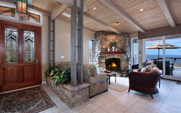 Картинка интерьер гостиная камин дизайн кресло