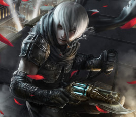 Картинка фэнтези люди парень белые волосы пистолет сигарета