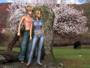 Картинка 3д+графика люди+ people девушка сакура парень фон взгляд