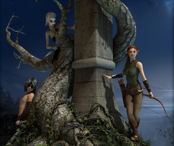 Обои картинки фото 3д графика, эльфы , elves, эльфийки, фон, взгляд, оружие, змея