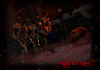 Картинка 3д+графика праздники+ holidays девушка маска скилет тыква фон