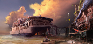 Картинка фэнтези транспортные+средства танкер пирс парусник море поселение тучи остов корабль дома
