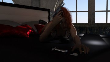 Картинка 3д+графика люди+ people девушка оружие фон взгляд