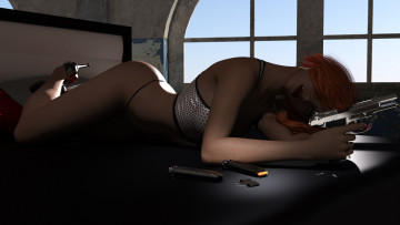 обоя 3д графика, люди , people, оружие, фон, взгляд, девушка