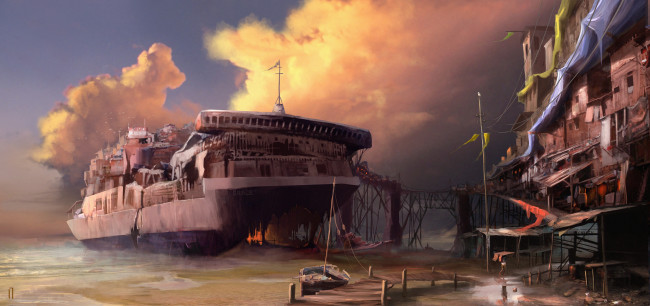 Обои картинки фото фэнтези, транспортные средства, танкер, пирс, парусник, море, поселение, тучи, остов, корабль, дома