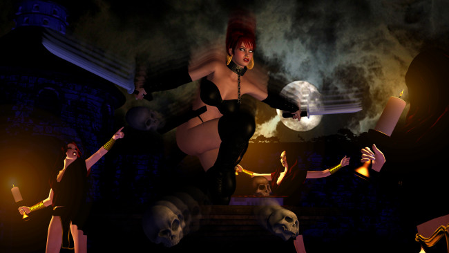 Обои картинки фото 3д графика, фантазия , fantasy, черепа, оружие, фон, взгляд, девушка