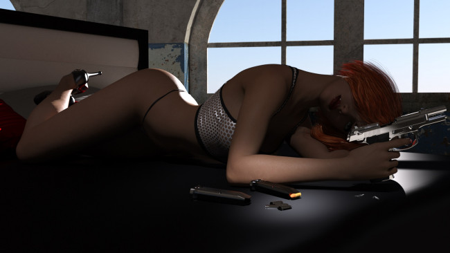 Обои картинки фото 3д графика, люди , people, оружие, фон, взгляд, девушка