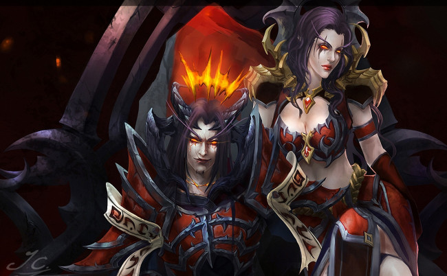 Обои картинки фото фэнтези, демоны, девушка, парень, трон, глаза