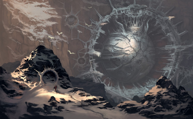 Обои картинки фото фэнтези, иные миры,  иные времена, шар, человек, сфера, портал, горы, арт, снег, сооружение
