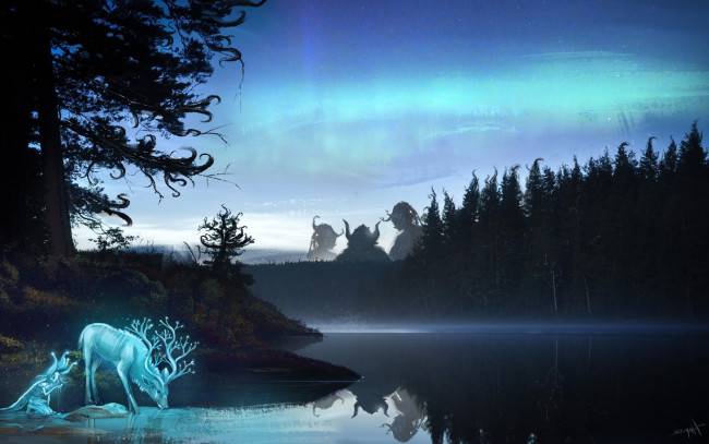 Обои картинки фото фэнтези, иные миры,  иные времена, животное, существа, отражение, арт, рога, фантастика, лес, олень, вода, озеро, деревья