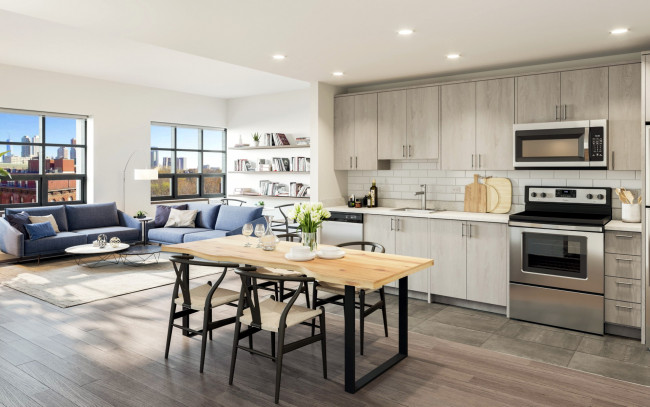 Обои картинки фото интерьер, кухня, мягкий, уголок, плита, шкафы, стол, стулья