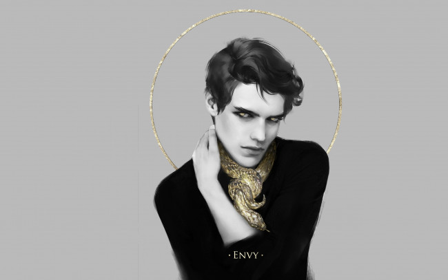 Обои картинки фото рисованное, люди, парень, змея, зависть