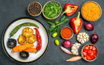 Картинка еда овощи перец морковь лук чеснок помидоы