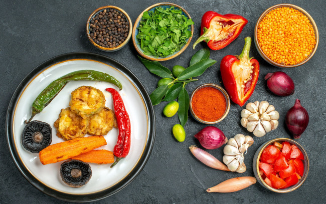 Обои картинки фото еда, овощи, перец, морковь, лук, чеснок, помидоы