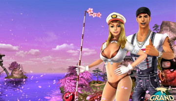 обоя видео игры, grand mer, девушка, парень, удочка, море, лепестки
