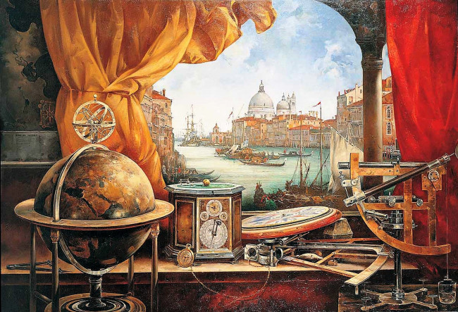 Обои картинки фото василий нестеренко, рисованное, окно, город, глобус, шторы, стол, приборы