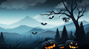Картинка рисованное праздники хэллоуин тыквы деревья горы летучие мыши
