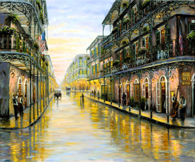 обоя рисованное, robert finale, дома, здания, дорога, люди, цветы, флаг, карета