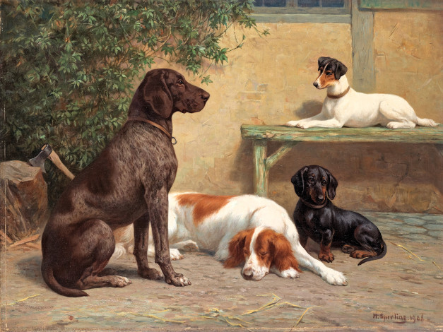 Обои картинки фото рисованное, heinrich sperling, собаки, скамейка, дом, куст, колода, топор