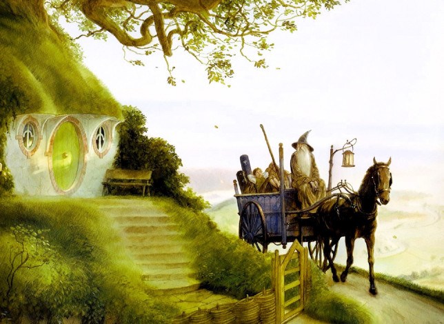 Обои картинки фото фэнтези, _lord of the rings, гендальф, фродо, тележка, шир, дом, фейерверки