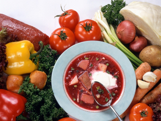 Обои картинки фото еда, первые, блюда, зелень, перец, помидоры, борщ, томаты