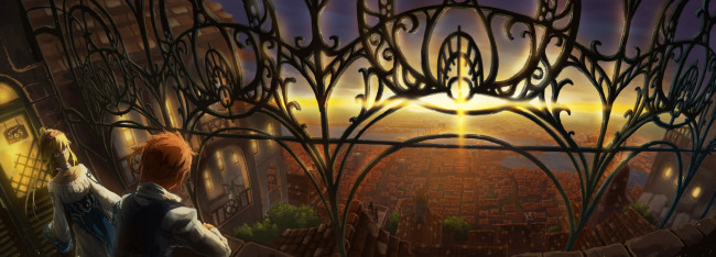 Обои картинки фото by hatsuga dmaigmai, аниме, *unknown другое, парень, девушка, город, закат, река, небо, окна, деревья, крыши, ограда, мост