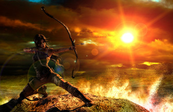 Картинка видео+игры tomb+raider+2013 стрела лук солнце фон девушка