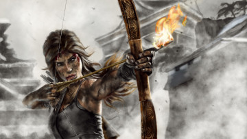 Картинка видео+игры tomb+raider+2013 стрела огонь лук взгляд фон девушка