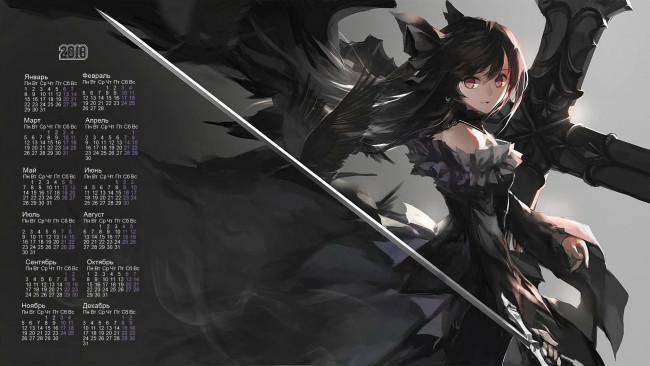 Обои картинки фото календари, аниме, взгляд, девушка, птица, 2018, крест